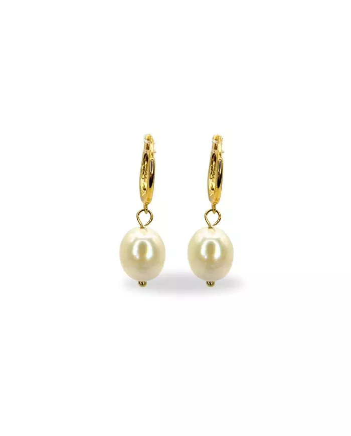 Boucles d'Oreilles Créoles en Argent Plaqué Or avec Perles