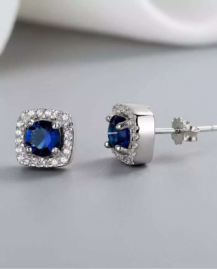 Boucles d'Oreilles Halo Bleu en Argent et Zirconium - Élégance Royale