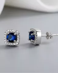 Boucles d'Oreilles Halo Bleu en Argent et Zirconium - Élégance Royale