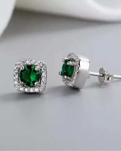 Boucles d'Oreilles Halo Vert en Argent et Zirconium