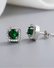 Boucles d'Oreilles Halo Vert en Argent et Zirconium