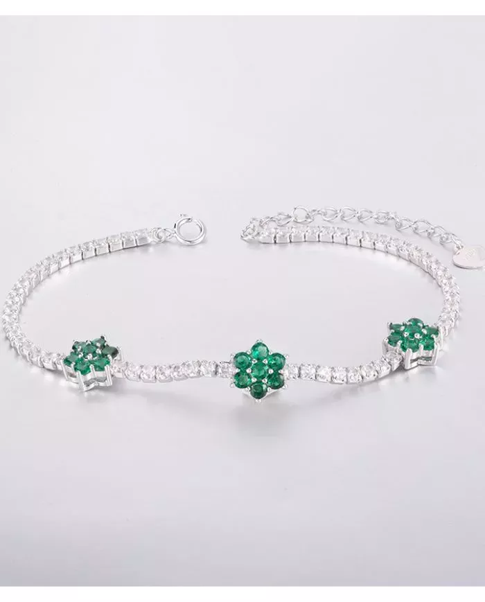 Bracelet Argent 925 avec Fleurs Vertes et Zirconiums Étincelants