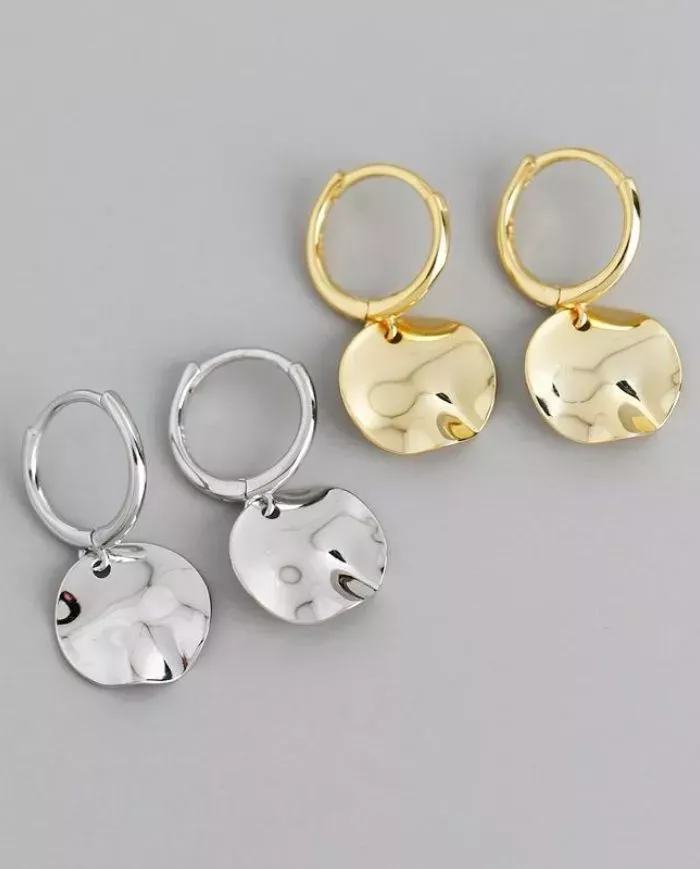 Boucles d'Oreilles Créoles Disque Martelé en Argent ou Plaqué Or