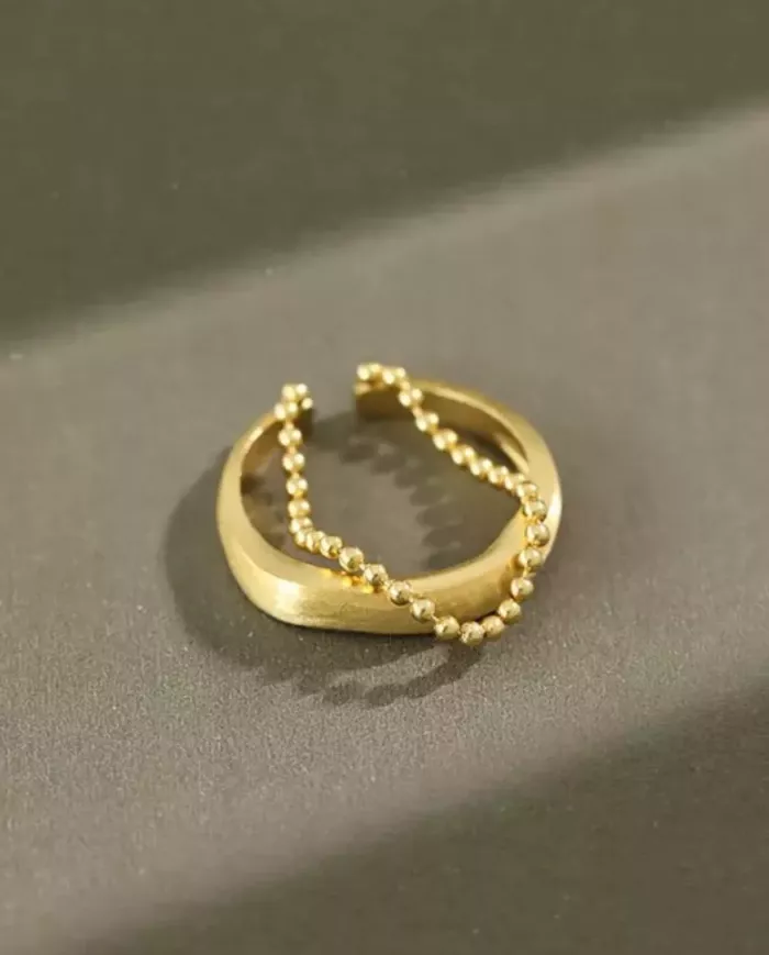 Bague Chaîne Perles Double Ajustable en Argent 925 - Argenté & Doré