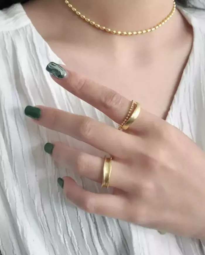 Bague Chaîne Perles Double Ajustable en Argent 925 - Argenté & Doré