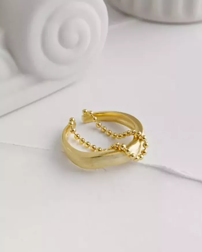 Bague Chaîne Perles Double Ajustable en Argent 925 - Argenté & Doré