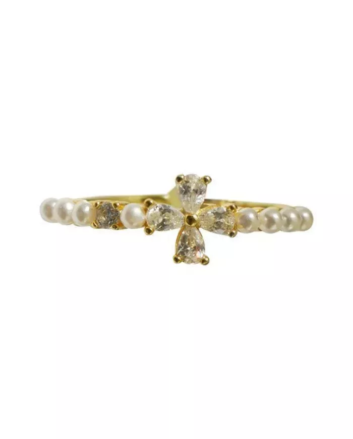 Éclat Divin – Bague Fleur Croisée en Perles et Zirconia ciel argente